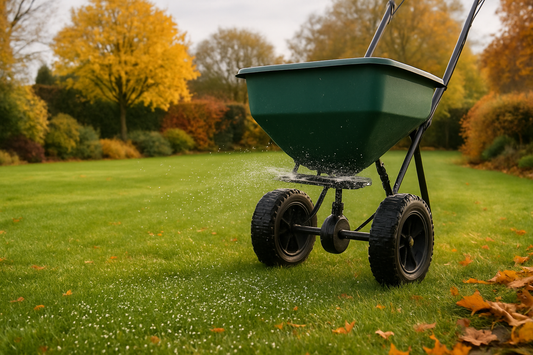 a lawn having fertiliser spread in early autumn in England